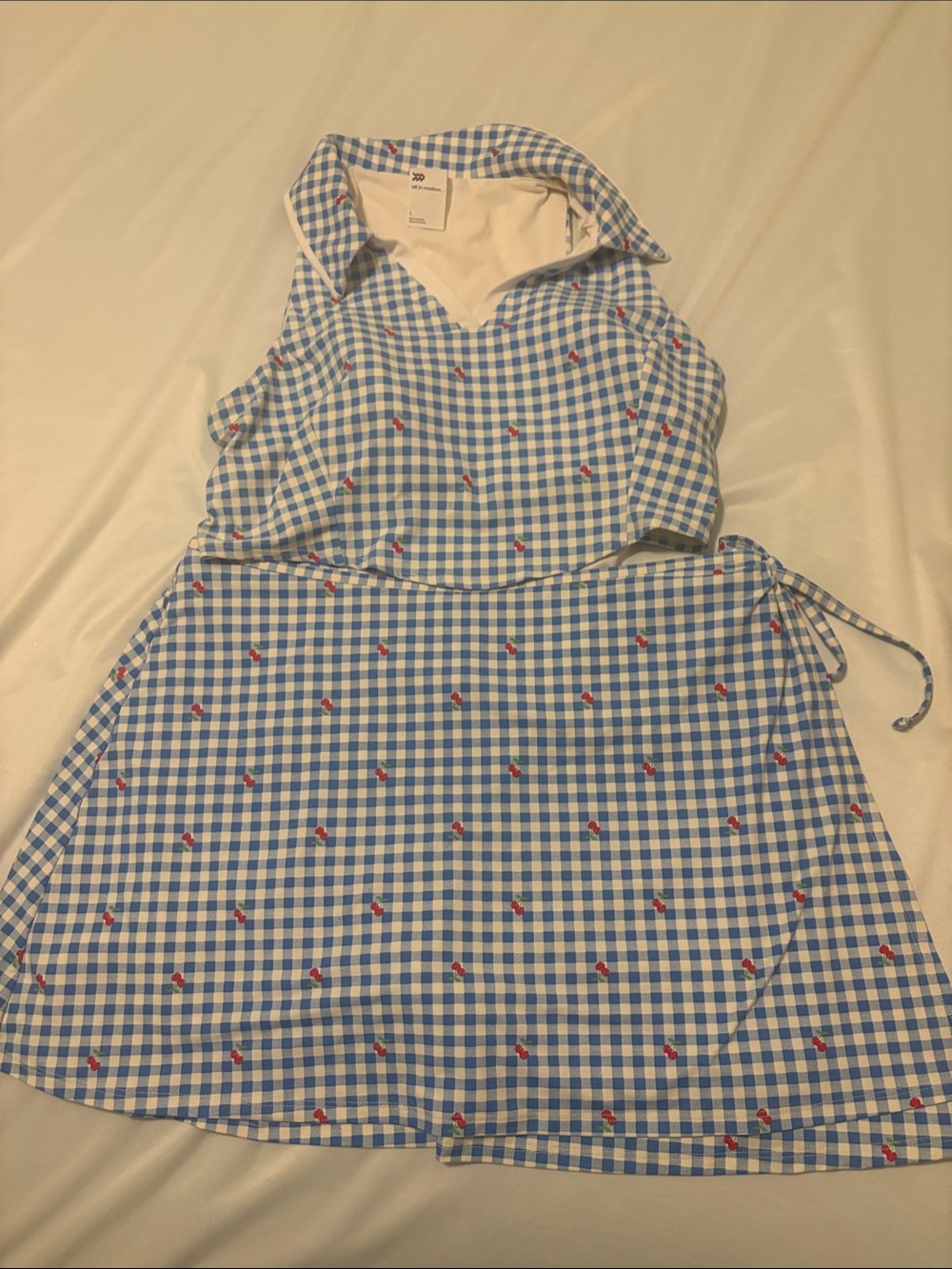 All in Motion Blue Gingham Cherry 2 Piece Top & Skort Set L